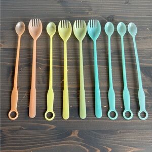 Vintage Tupperware pastel spoons 
& sporks - 9 pcs